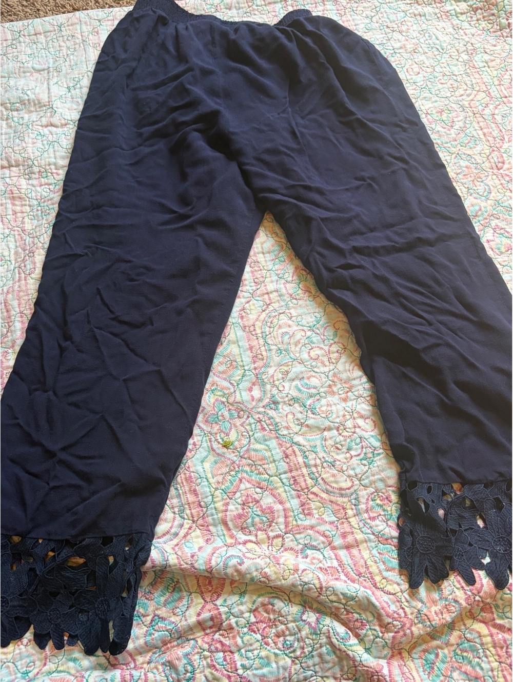 Navy Blue Wide Leg Pull-On Pants with Crochet Lace Trim Hem